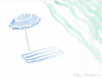 © Kate Schelter LLC 2023 | Blue white beach umbrella towel water by Kate Schelter