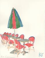 © Kate Schelter LLC 2024 | Red blue green umbrella cafe chairs by Kate Schelter