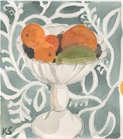 © Kate Schelter LLC 2024 | Oranges in White Pedestal Bow blue pattern, by Kate Schelter
